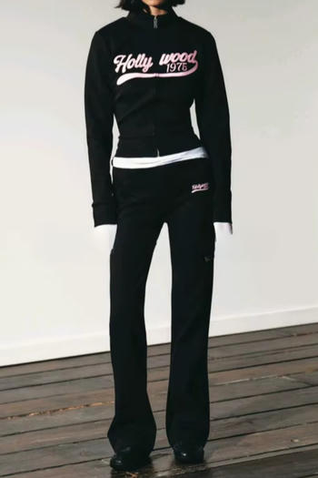 casual slight stretch letter embroidery zip-up sweatshirt pants set