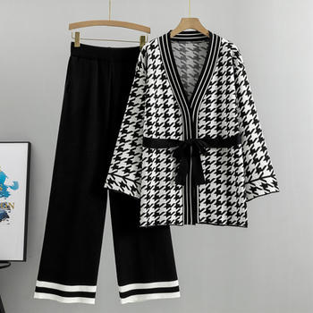 casual stretch knitted houndstooth mid-length cardigan pants set with belt