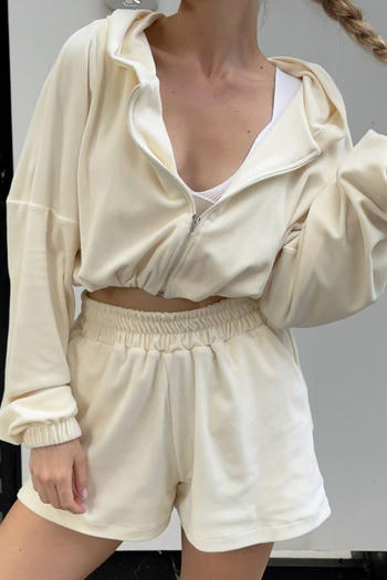 casual non-stretch solid color hooded zip-up shorts sets