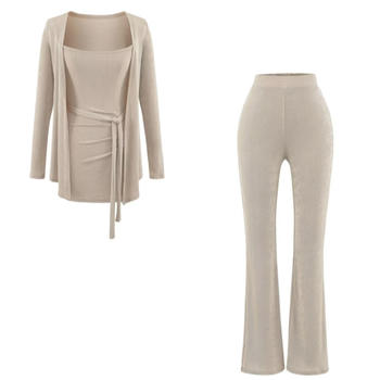 casual stretch solid color with belt three-piece pants sets(size run small)