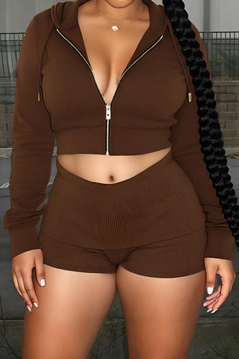 stylish slight stretch pure colour hooded zip-up crop jacket & shorts set