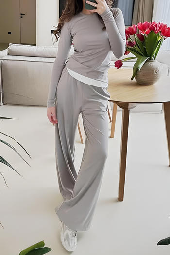 stylish slight stretch color-block long sleeve top & straight pants set