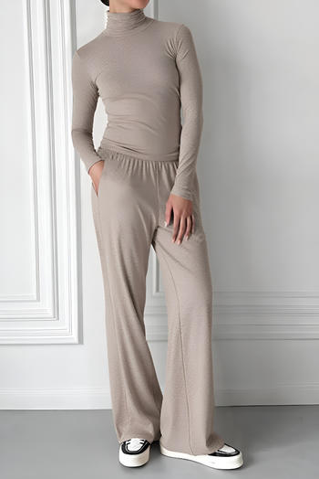 casual slight stretch pure colour high-neck slim top & straight pants set