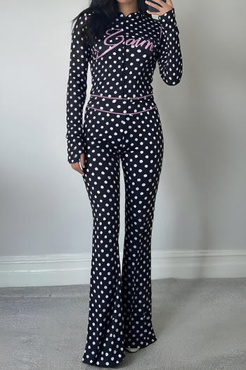 stylish slight stretch dot and letter printing hooded top & pants set