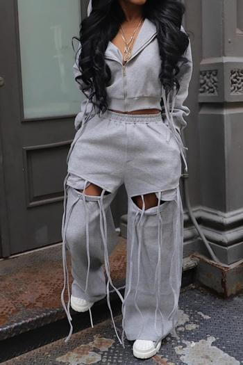 stylish plus size slight stretch hole hooded crop top tassel pants set