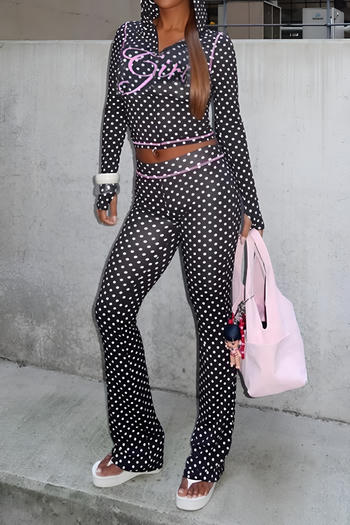 casual slight stretch polka dot print hooded thumb hole top slim pants set