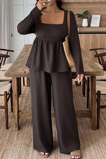 casual plus size non-stretch solid color square neck top and wide leg pants set
