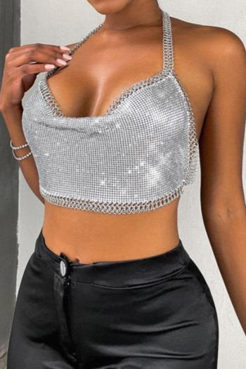metal sequin stitching chain halter neck 4 colors solid color backless sexy vest