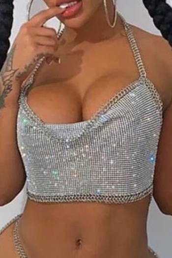 rhinestone stitching chain halter neck 2 colors solid color backless sexy vest