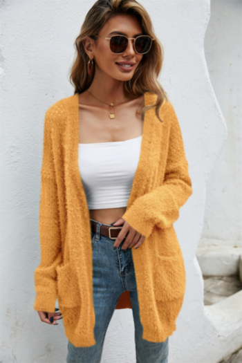 winter new solid color stretch knitted pockets stylish cardigan sweater