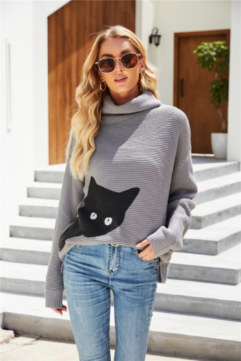 winter new kitten printing stretch knitted high lapel stylish sweater