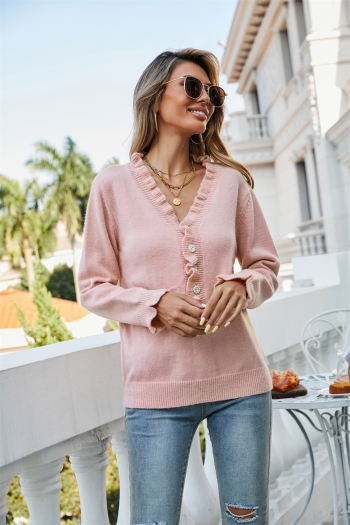 winter new solid color stretch knitted v-neck buttons decor stylish sweater