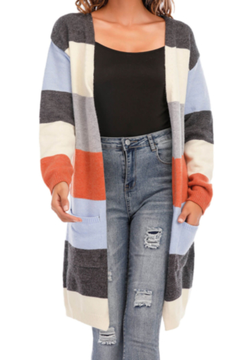 winter new multicolor stripes knitted stretch pockets stylish cardigan sweater