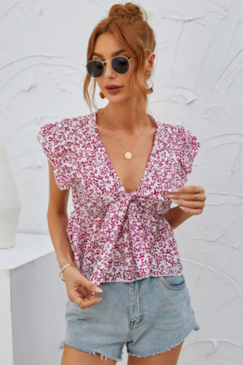 Summer new floral printing inelastic V-neck bowknot ruffle stylish tops