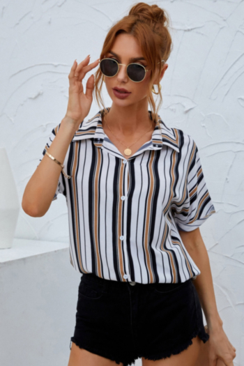 New plus size vertical stripes printing inelastic stylish short-sleeve blouse