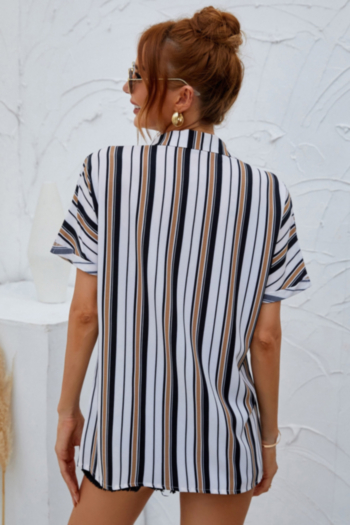 New plus size vertical stripes printing inelastic stylish short-sleeve blouse