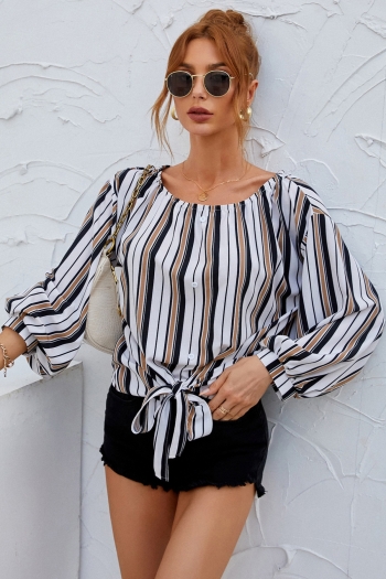Autumn new plus size vertical stripes printing inelastic lace-up stylish blouse