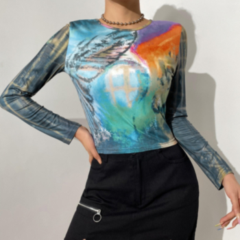 Autumn new style tie-dyed contrast color batch printing long-sleeves round neck micro-elastic top 