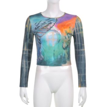 Autumn new style tie-dyed contrast color batch printing long-sleeves round neck micro-elastic top 