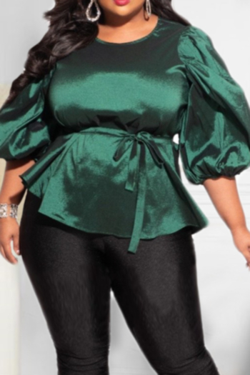 plus size solid colors xl-4xl round neck elastic loose satin casual top (with belt)