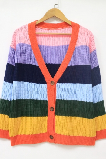 winter new multicolor stripes knitted stretch v-neck single-breasted stylish sweater