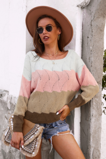 Autumn new stylish contrast color boat neck stretch loose knitting casual sweater