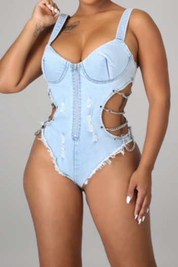 summer new plus size inelastic denim fabric low-cut sling zip-up hollow chain sexy bodysuit
