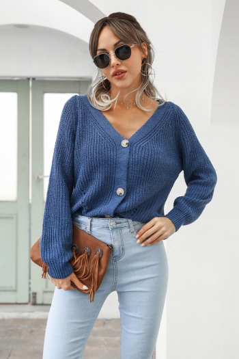 winter solid color acrylic fabric knitted v-neck single-breasted stretch stylish sweater