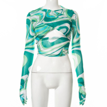 Early autumn long sleeves batch printing cutout mesh stretch sexy top (with a pair of gloves)