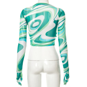 Early autumn long sleeves batch printing cutout mesh stretch sexy top (with a pair of gloves)