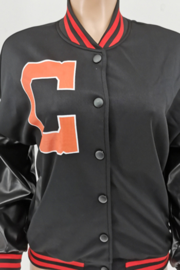Autumn plus size letter offset printing single breasted stitching PU leather sleeve micro elastic baseball jacket