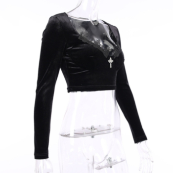 Early autumn long sleeve lace stitching velvet cross decoration exquisite top