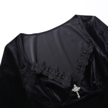 Early autumn long sleeve lace stitching velvet cross decoration exquisite top