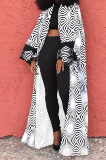 autumn new plus size geometric pattern printing micro-elastic loose vintage minimalist long cardigan 1#