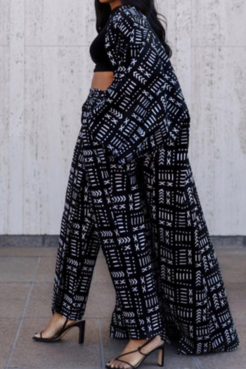 Autumn new plus size geometric pattern printing micro-elastic loose vintage minimalist long cardigan 4#