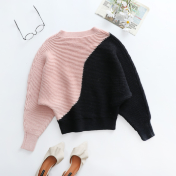 Winter new contrast color knitted stretch loose casual minimalist sweater