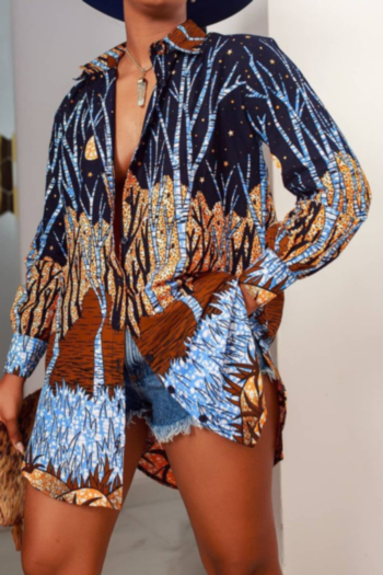 plus size new stylish printing single breasted micro elastic casual loose mid-length shirt