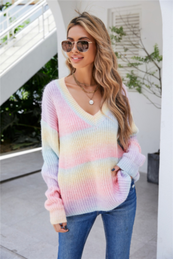 winter gradient color tie-dye stretch knitted v-neck stylish sweater