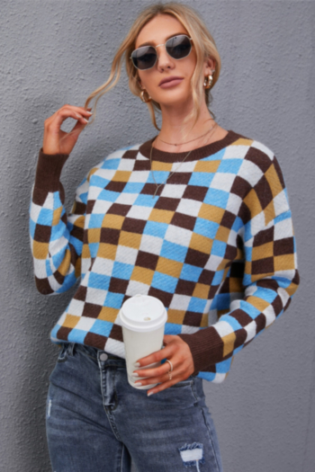 Winter new multicolor lattice knitted stylish minimalist sweater