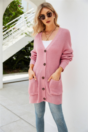 Winter new solid color knitted stretch V-neck single-breasted pockets stylish long sweater