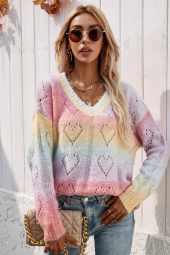 winter new gradient color printing knitted stretch v-neck stylish casual sweater
