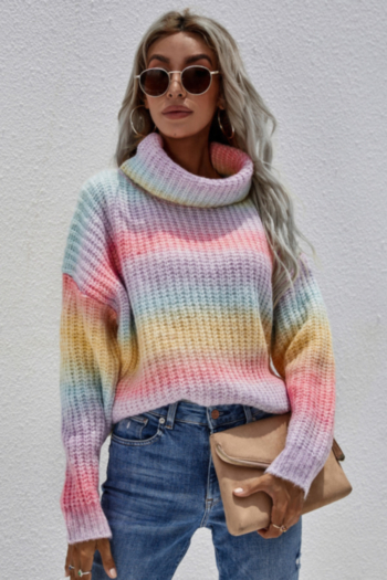 winter new two colors gradient color printing knitted stretch high-neck loose stylish casual sweater