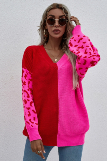winter new two colors leopard printing knitted spliced stretch v-neck loose stylish casual sweater