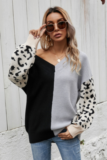 winter new three colors leopard printing knitted spliced stretch v-neck loose stylish casual sweater