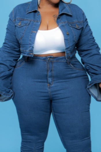 xl-4xl autumn new micro-elastic ruched sleeves design stylish denim jacket