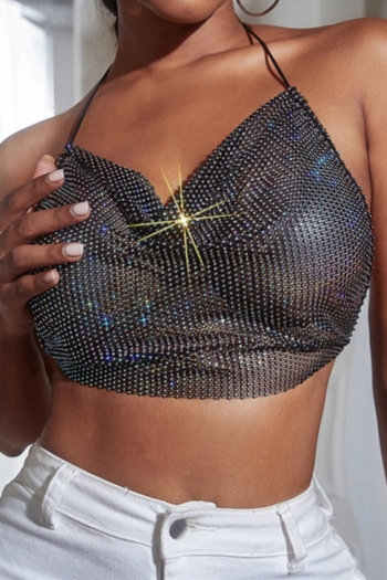 xs-l summer new colorful-rhinestone decor mesh halter-neck sexy exquisite nightclub little vest