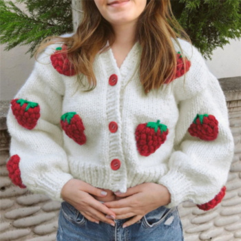 autumn new strawberry decor knitted stretch v-neck single-breasted stylish sweater