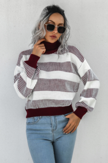 autumn new three colors stripe knitted stretch high-neck lantern-sleeve casual minimalist sweater