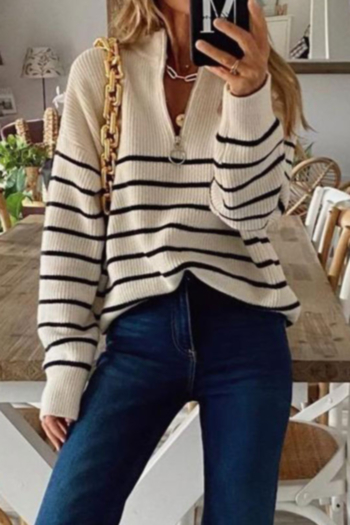 autumn new three colors striped knitted stretch zip-up stylish casual sweater