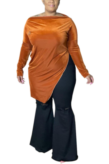 xl-4xl plus size autumn new stylish solid color micro-elastic zip-up velvet casual top